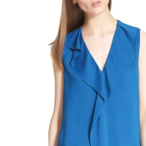 NEW Lanvin Ruffle V Neck Sleeveless Blouse in Blue Sz. M - Picture 1 of 4
